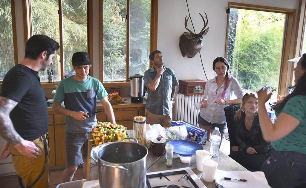 Nice kitchen! Photo by Tony Overman of the Olympian newspaper shows "Crew members (from left) Travis Johnny Ware, Brandon Roberts, Jason Stange, Lisa van Dam-Bates, Katie Hemming and Rose Hall discuss the night's schedule for filming of the movie "Marla Mae" in Olympia on Tuesday, July 21, 2015."